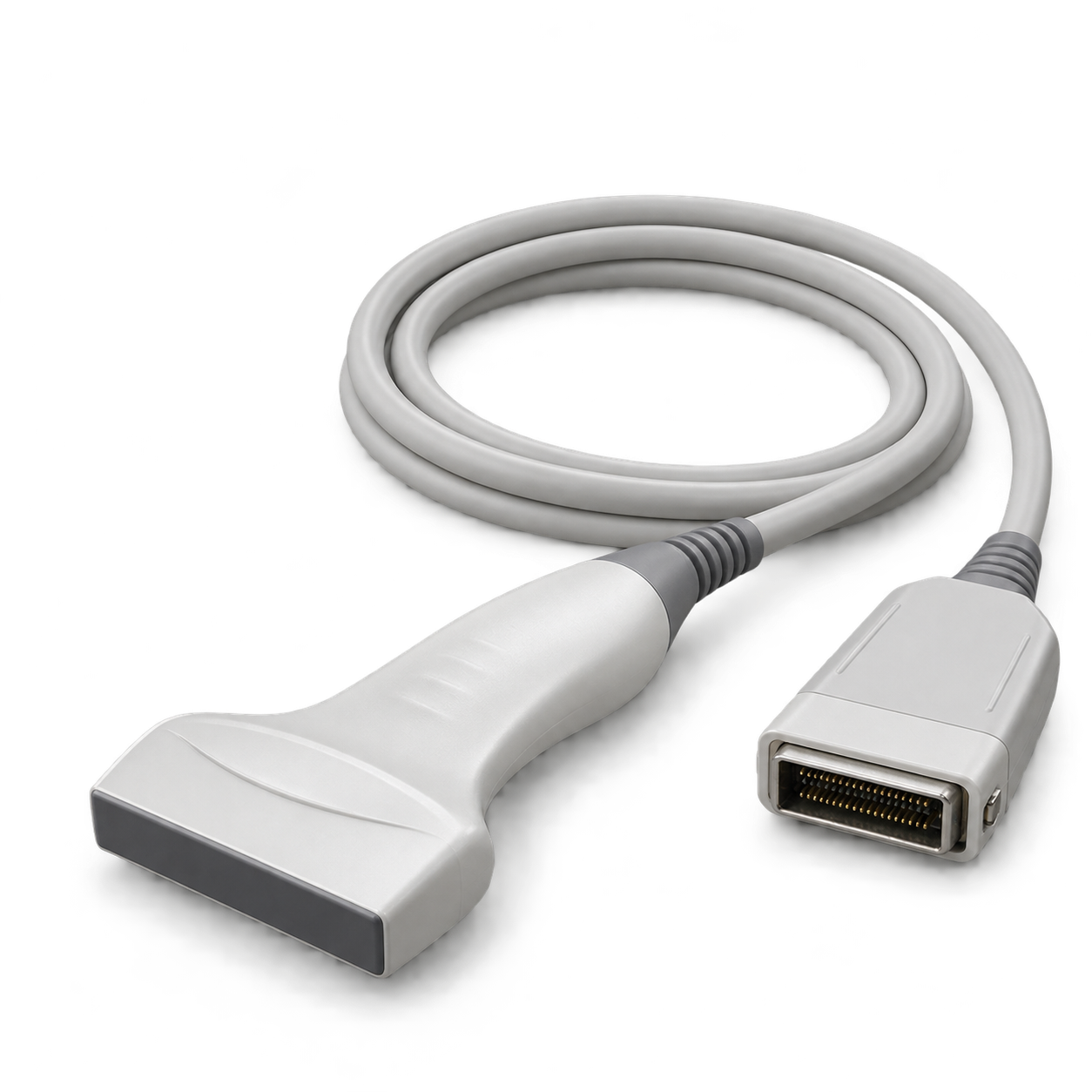 Linear-array ultrasound probe with a narrow scanning head and cable connector