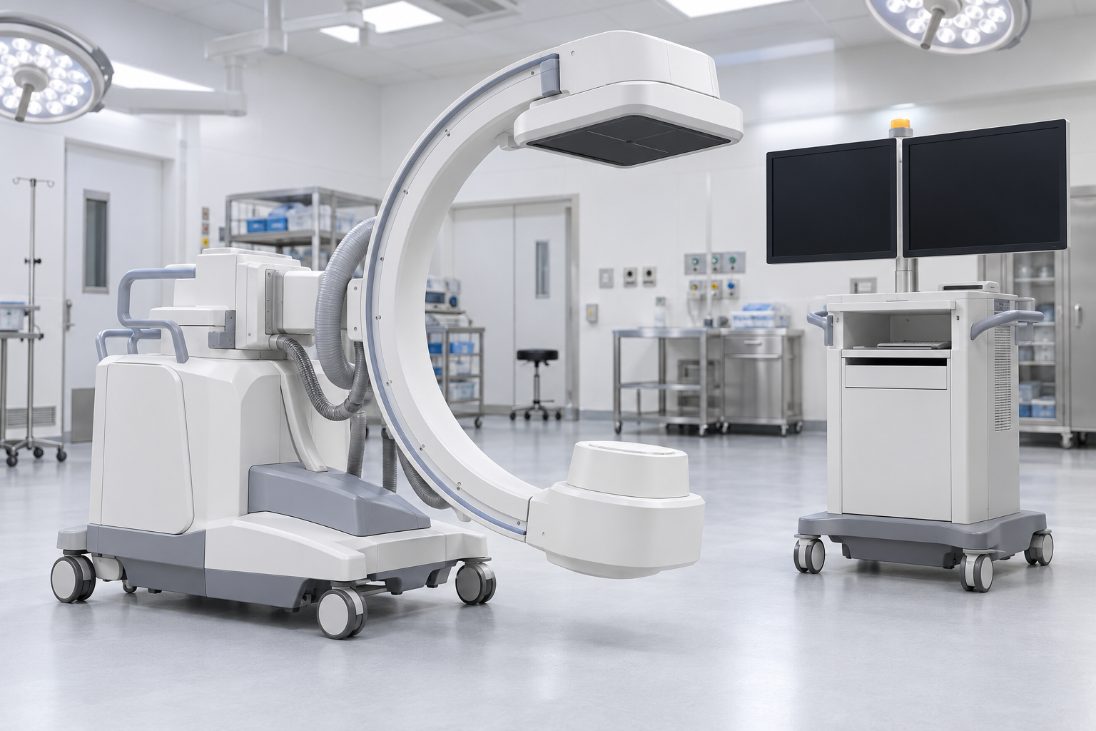 Generic mobile C-arm fluoroscopy system with flat detector and display cart