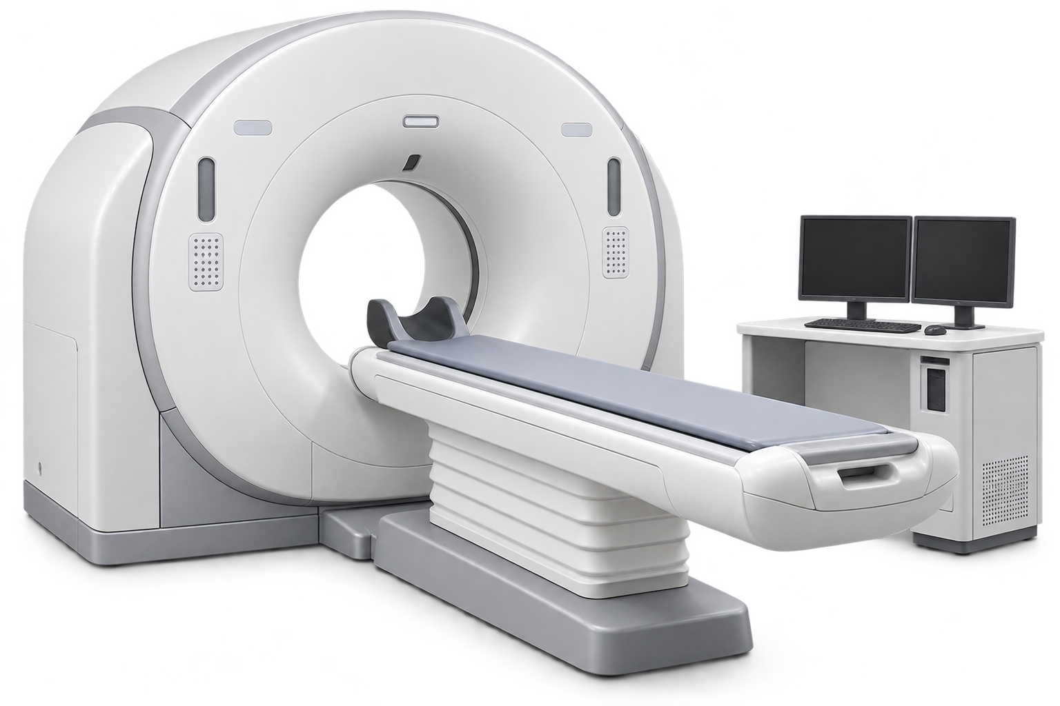 Medical CT scanner gantry with patient table and imaging console
