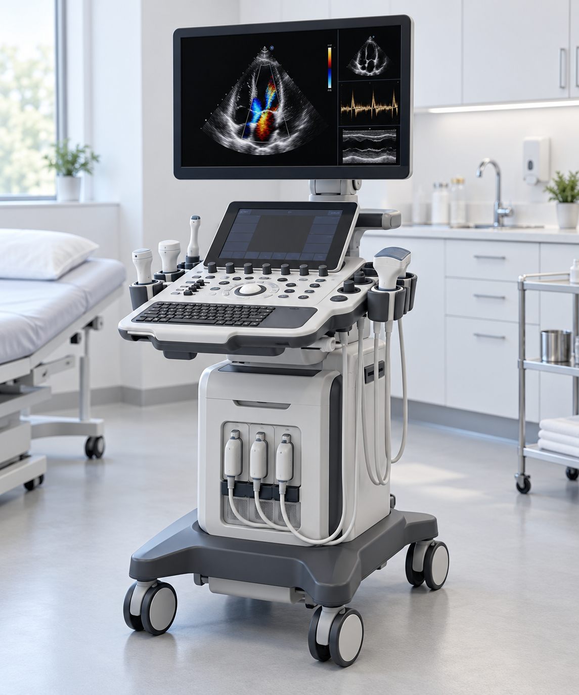 Generic cardiovascular ultrasound workstation with display, console and transducer holders