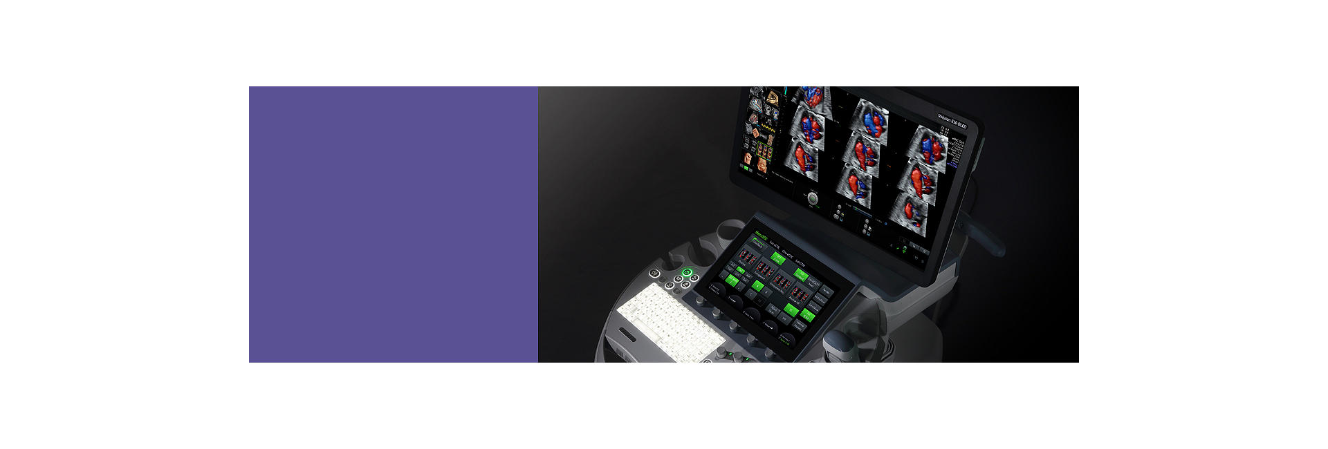 GE HealthCare Voluson E10 console and display showing ultrasound imaging, manufacturer product image