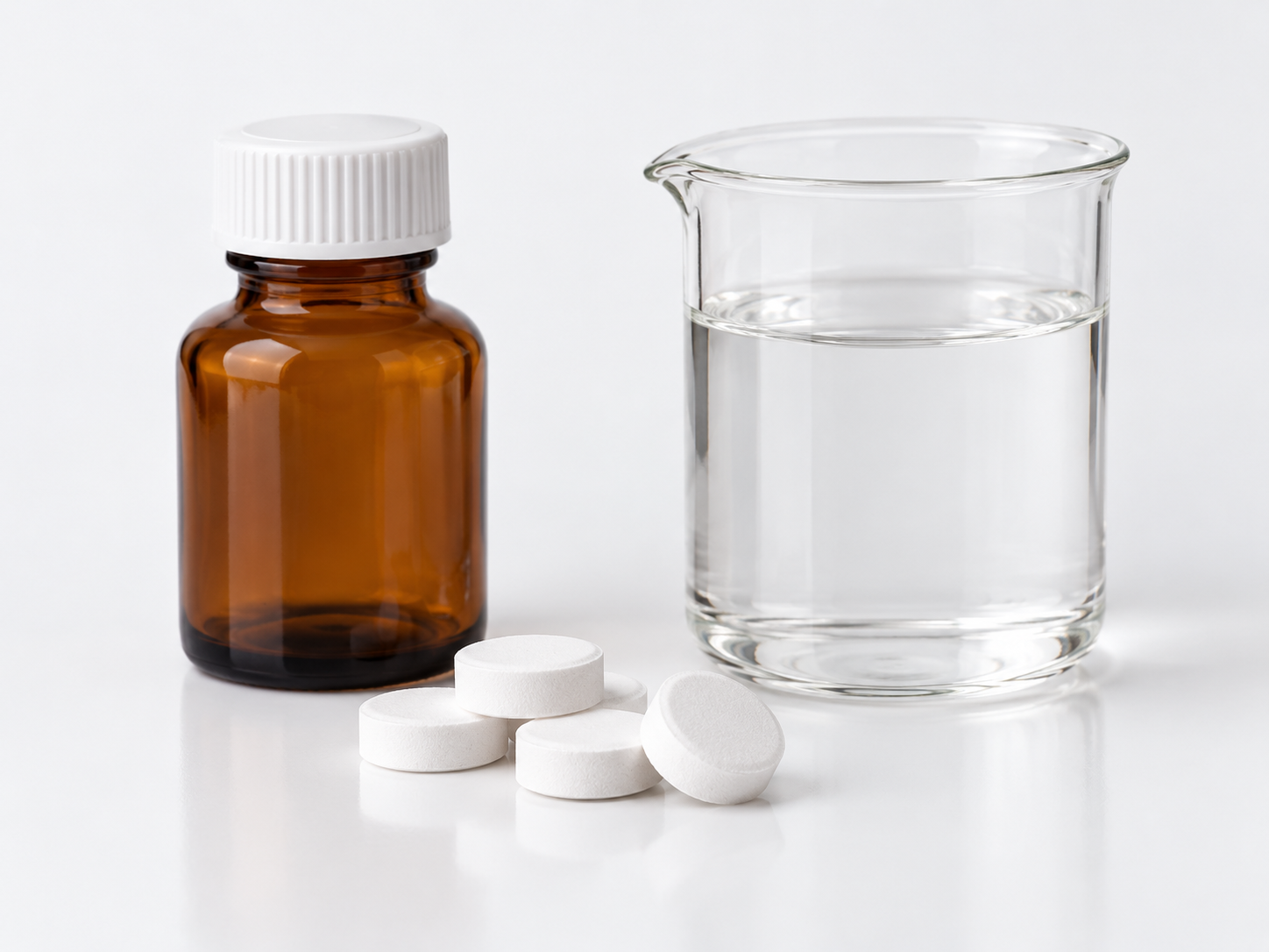 Phosphate-buffered saline tablets beside a plain laboratory reagent bottle
