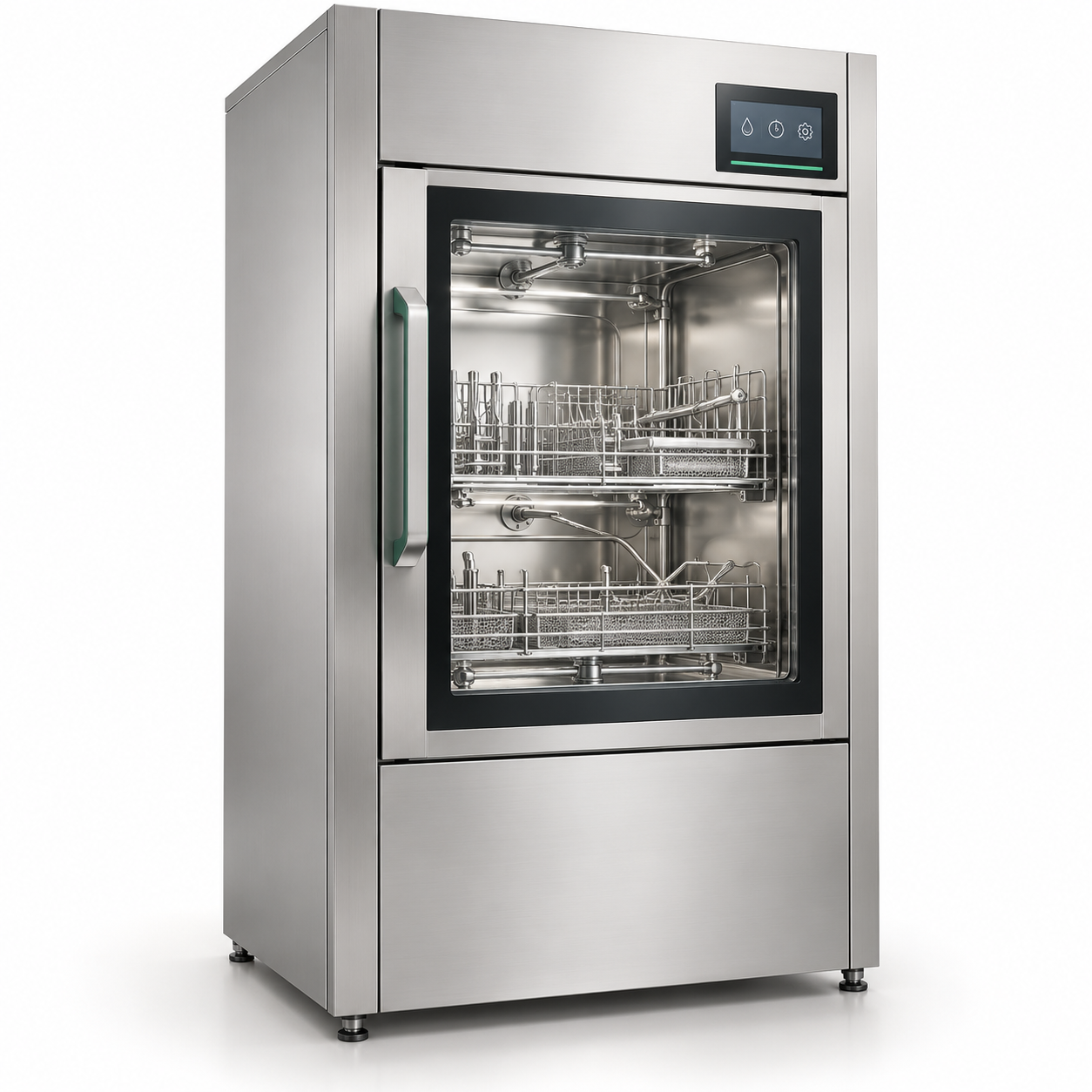 Freestanding stainless-steel instrument washer-disinfector with a visible wash chamber and rack