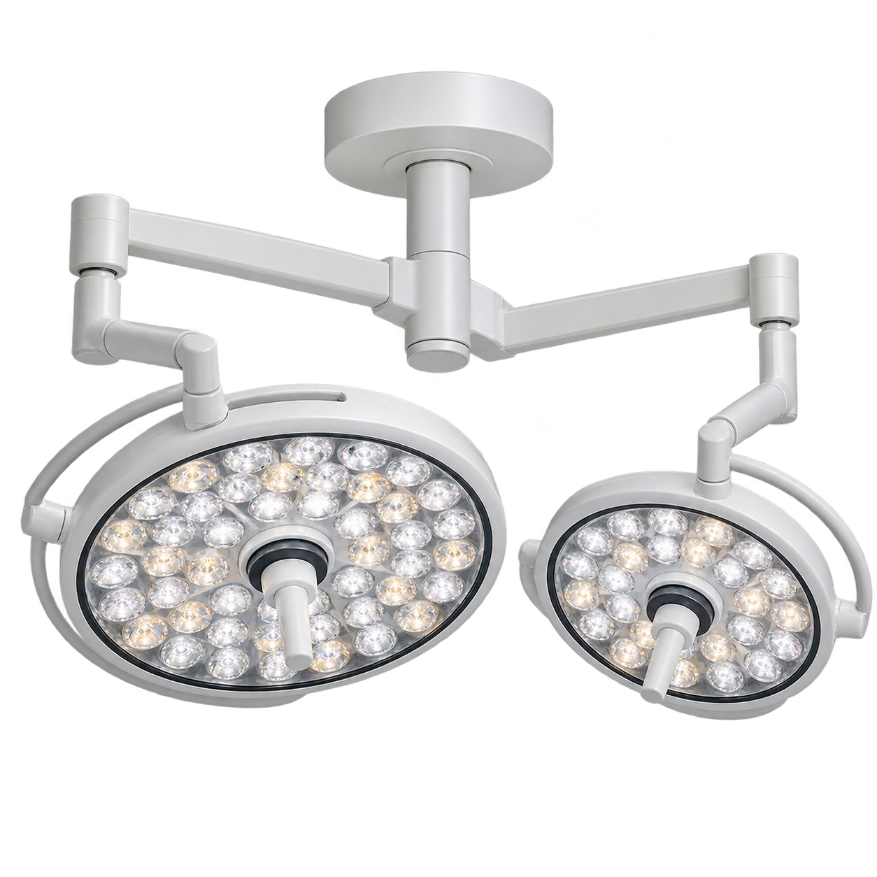 Two-dome ceiling-mounted LED surgical lighting system.