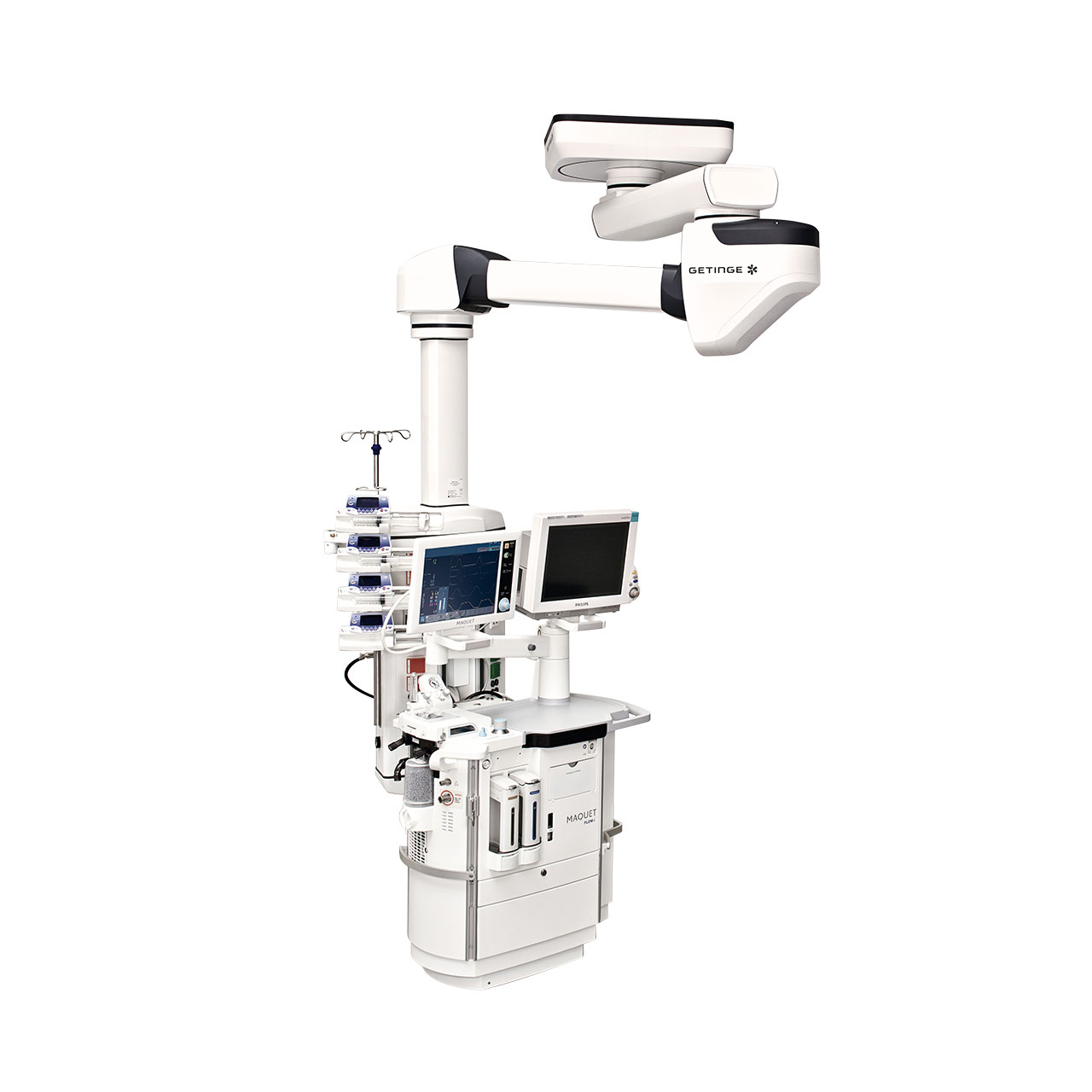 Getinge Maquet Moduevo ceiling supply unit shown in a representative operating-room configuration; depicted equipment and accessories require confirmation