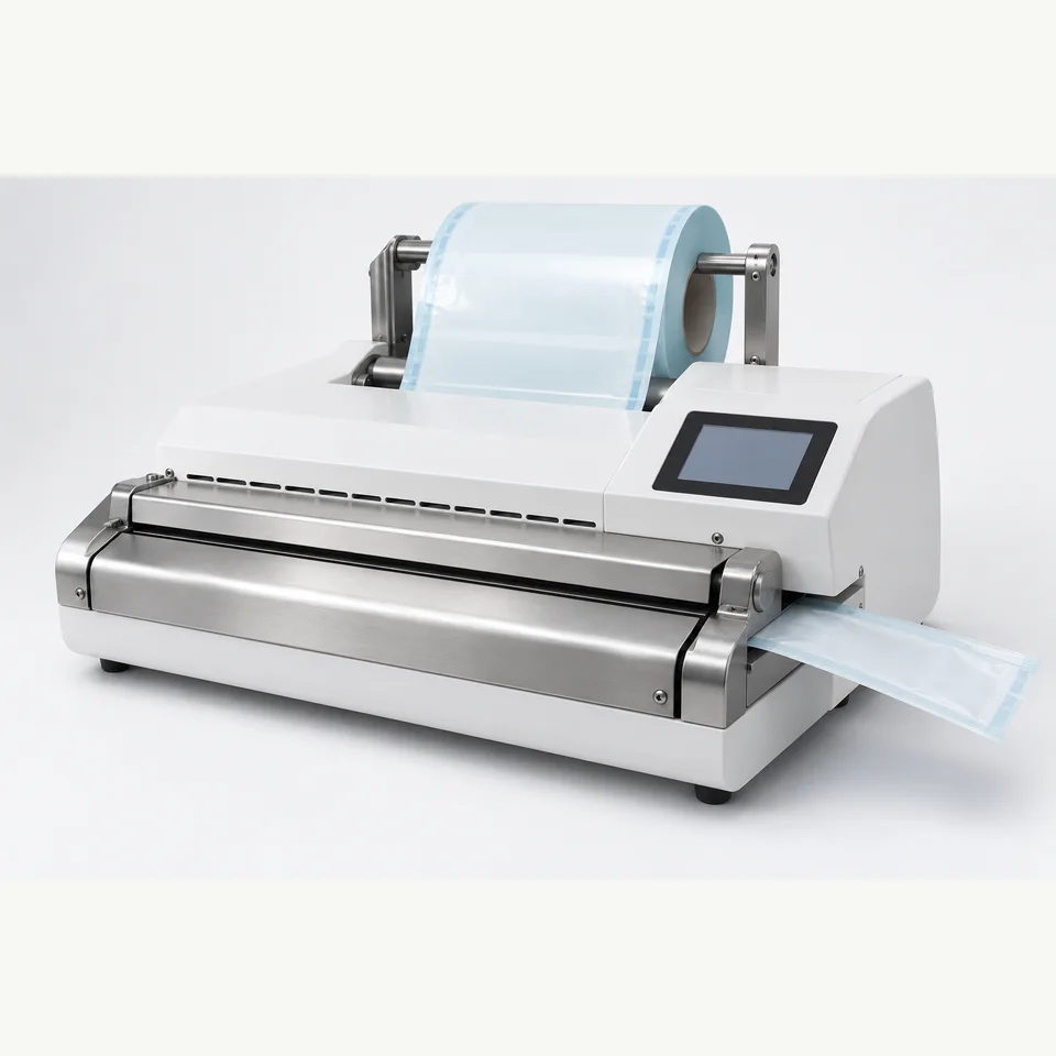 Rotary medical pouch sealer with touchscreen and pouch-feed rollers