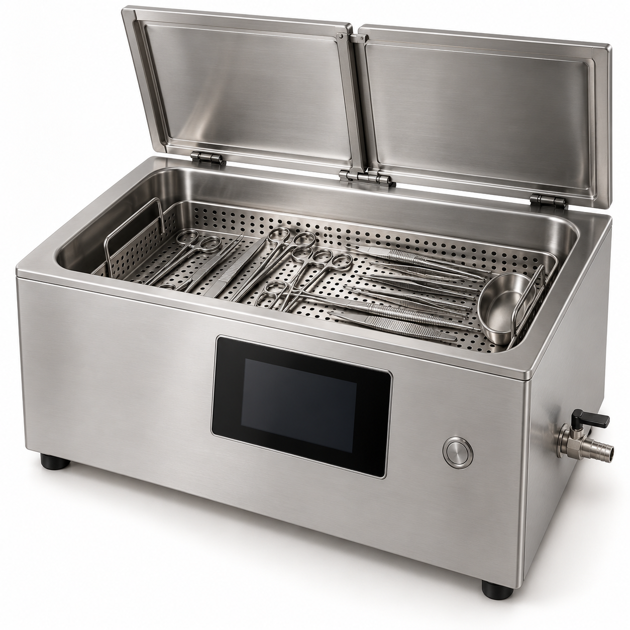 Tabletop stainless ultrasonic instrument cleaner with open lid and perforated instrument tray