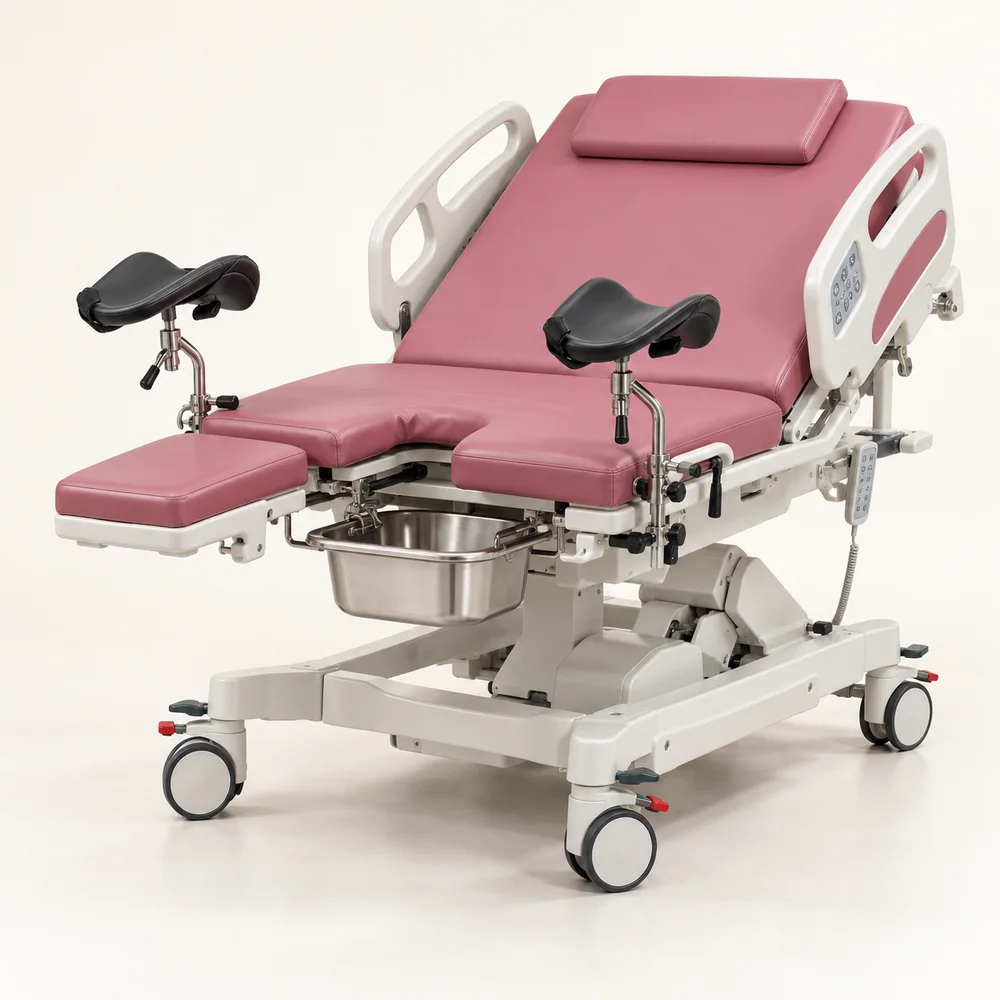 Three-section obstetric delivery bed with lithotomy supports and stainless steel bowl