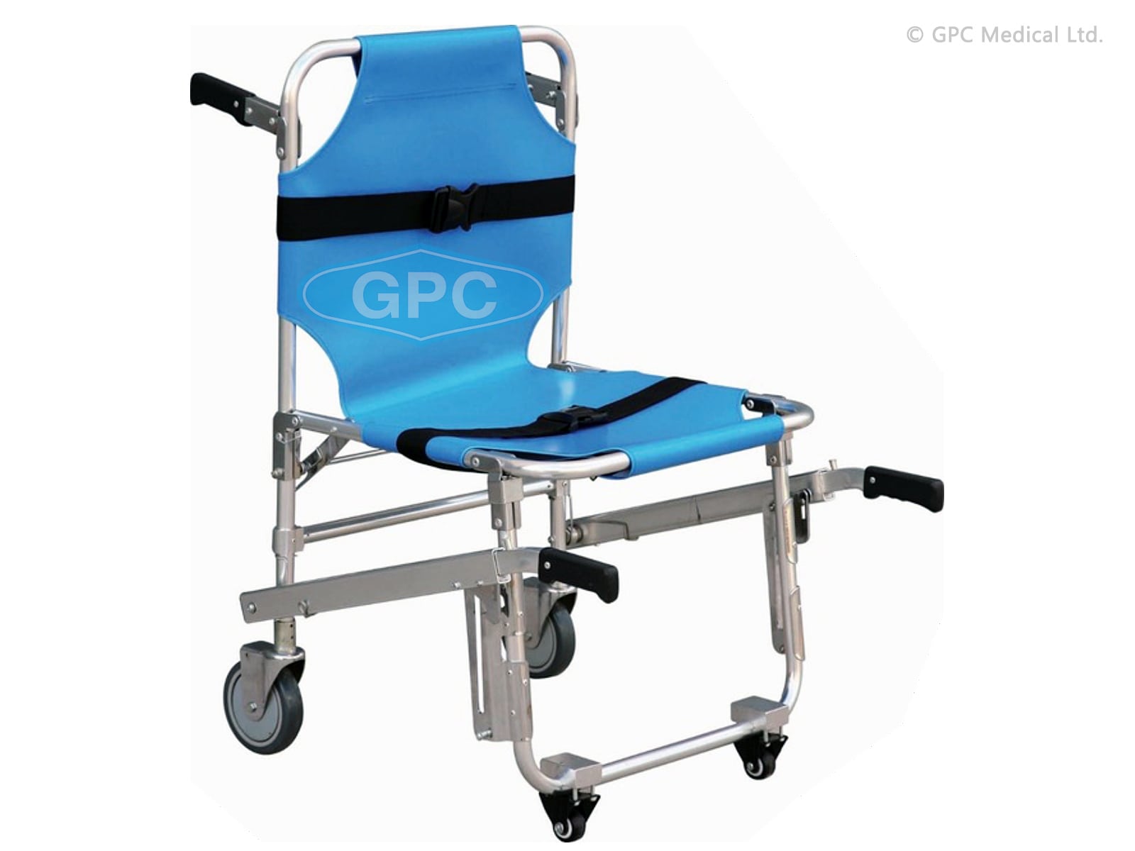 GPC Medical GHF62.05 aluminium wheelchair stretcher with fabric support and caster frame
