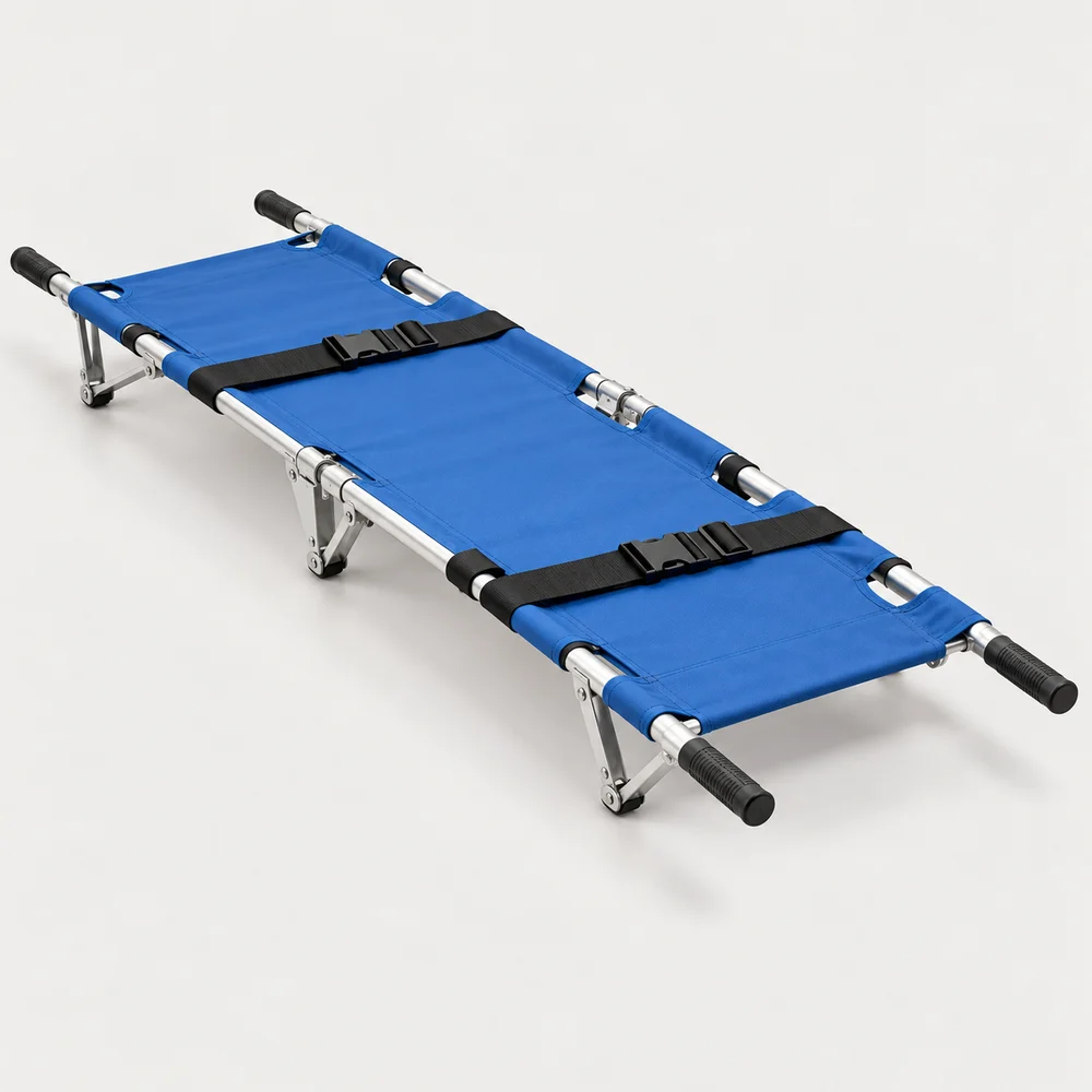Foldable patient stretcher with fabric bed and lightweight carrying frame