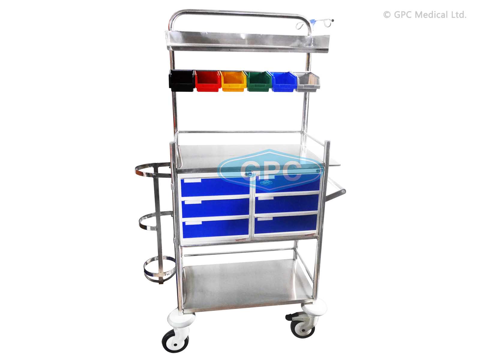GPC Medical GHF92.01 crash cart trolley with six drawers, medicine containers and caster frame