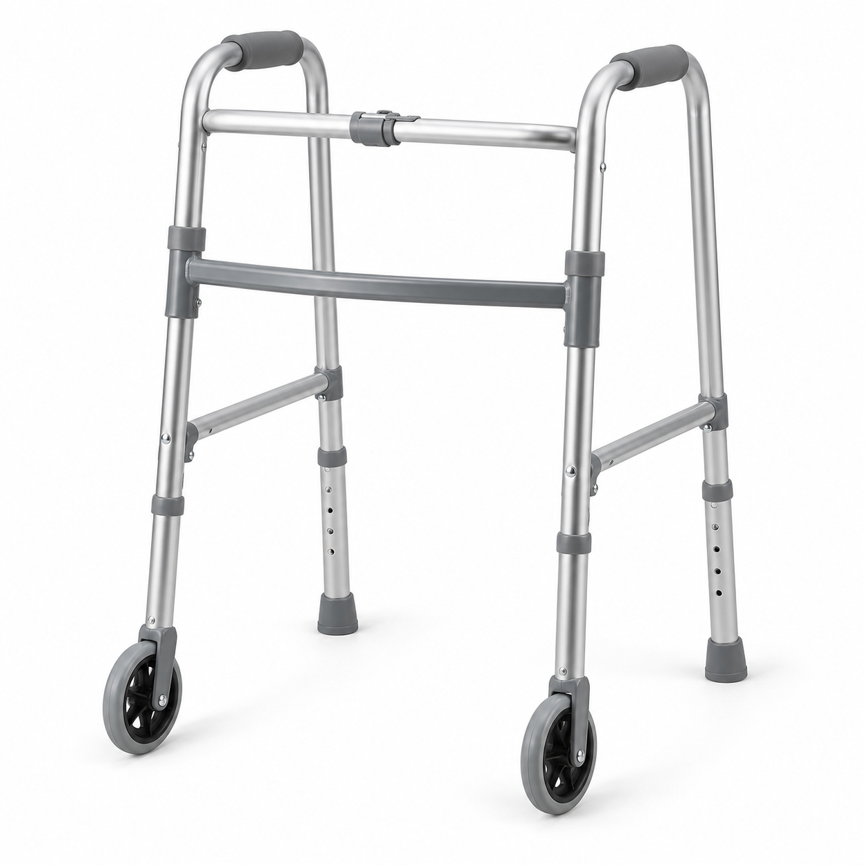 Folding walking frame with front wheels and rear glide feet