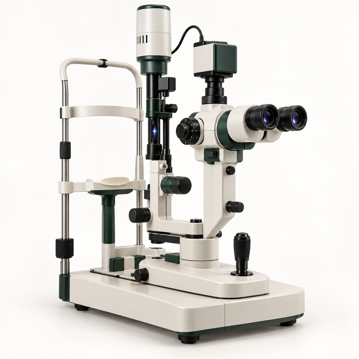 Ophthalmic slit lamp with binocular microscope, illumination tower and camera module