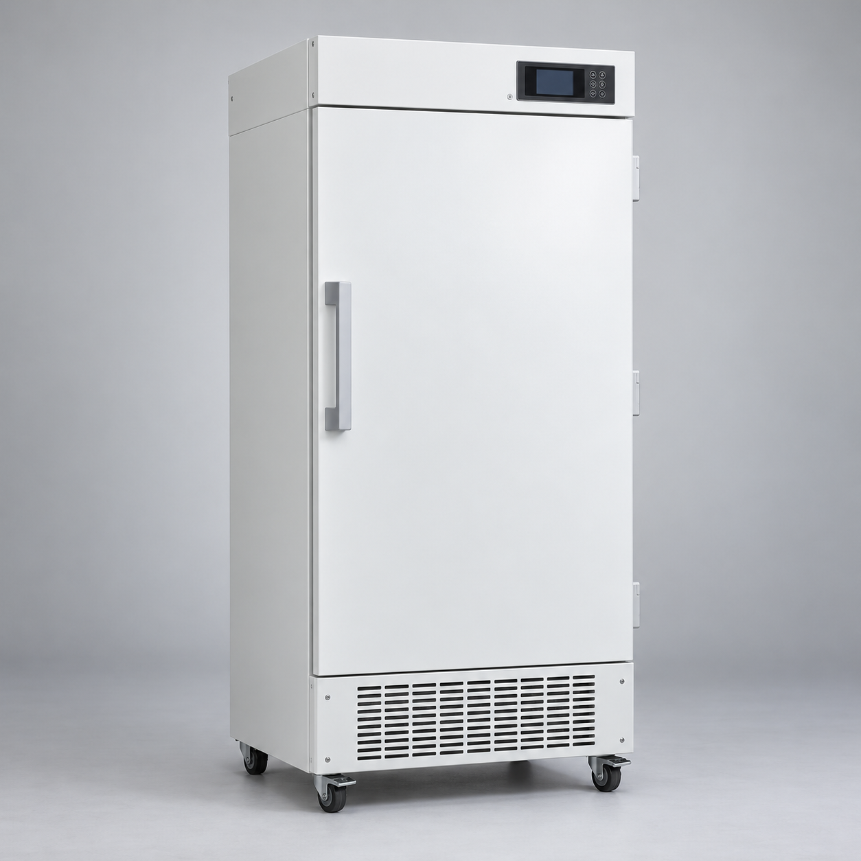 Upright biomedical freezer cabinet with a solid insulated door, digital controller and lower ventilation grille