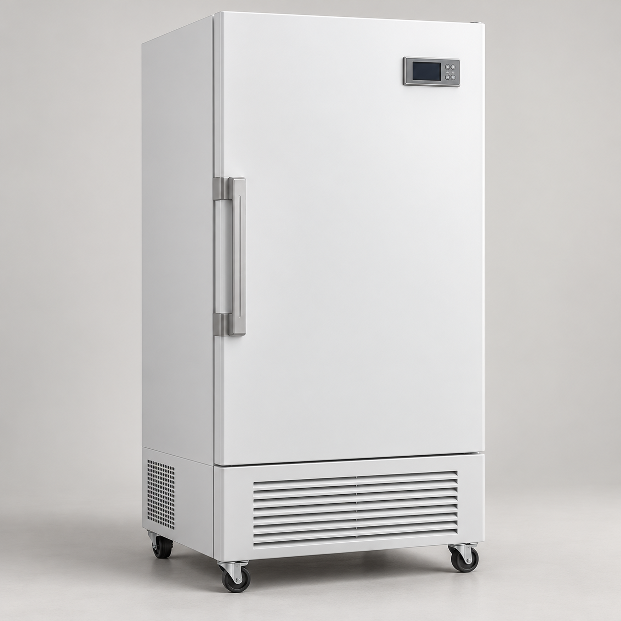Upright biomedical freezer with a solid door and digital control panel