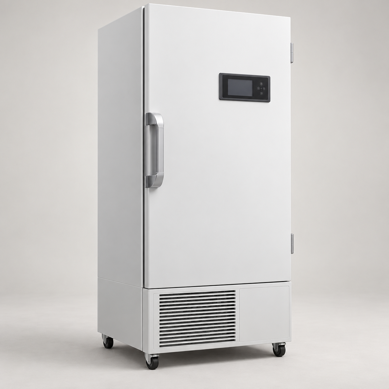 Upright ultra-low temperature laboratory freezer with solid insulated door