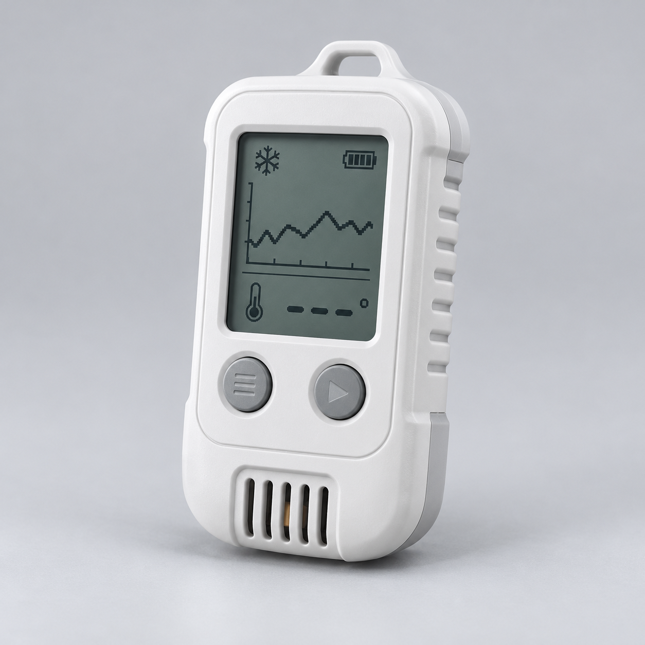Compact handheld temperature data logger with LCD display and two control buttons