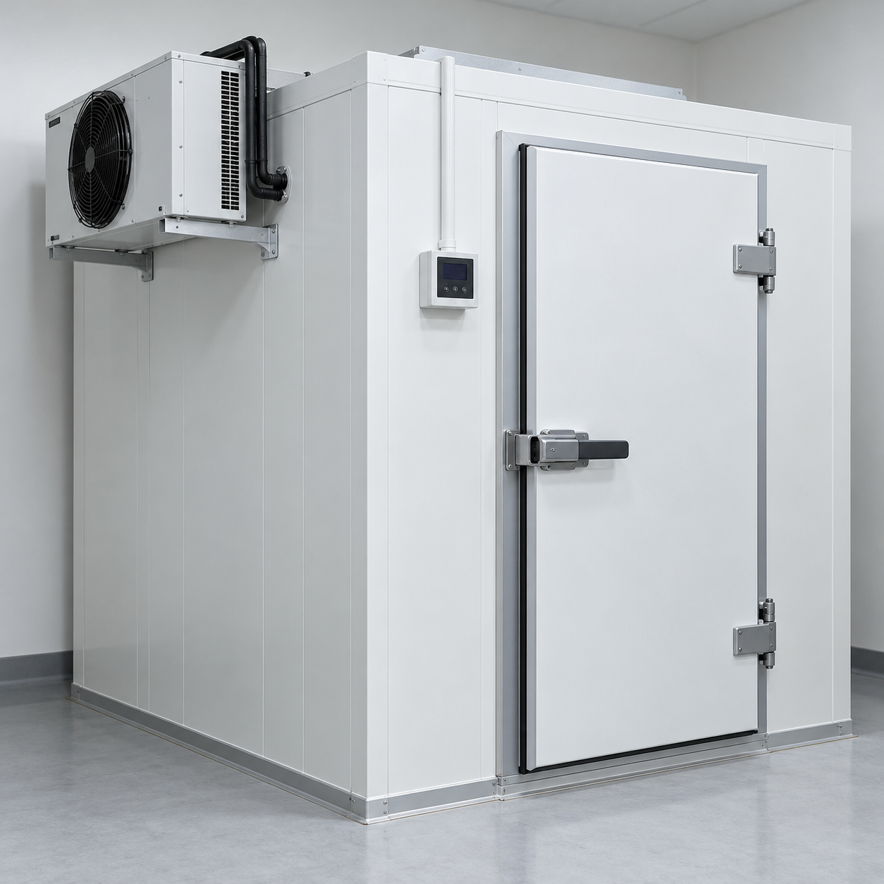 Insulated walk-in medical cold room with a large door, temperature controller and refrigeration unit