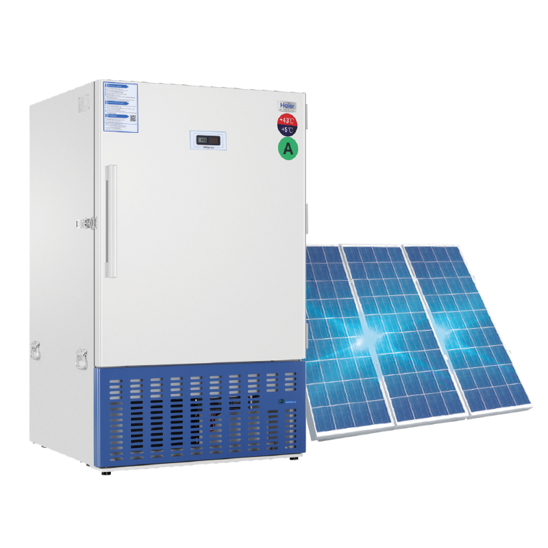 Haier Biomedical HTC-120 upright solar direct drive vaccine refrigerator shown with solar panels