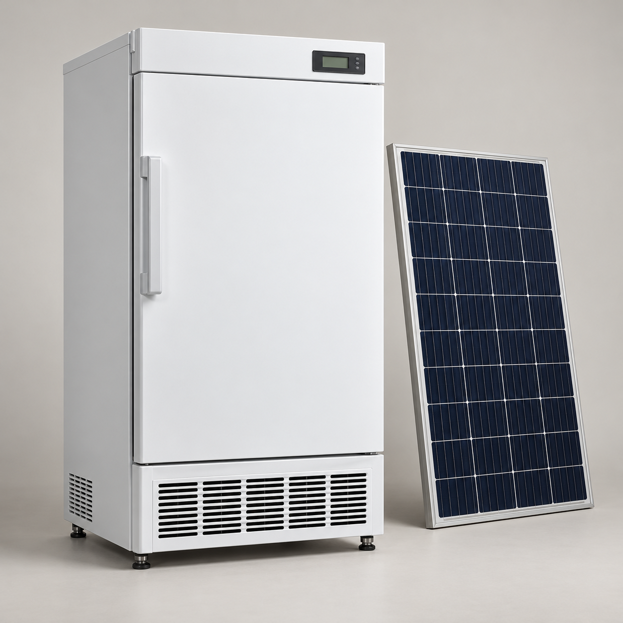 Upright vaccine refrigerator shown beside a solar panel