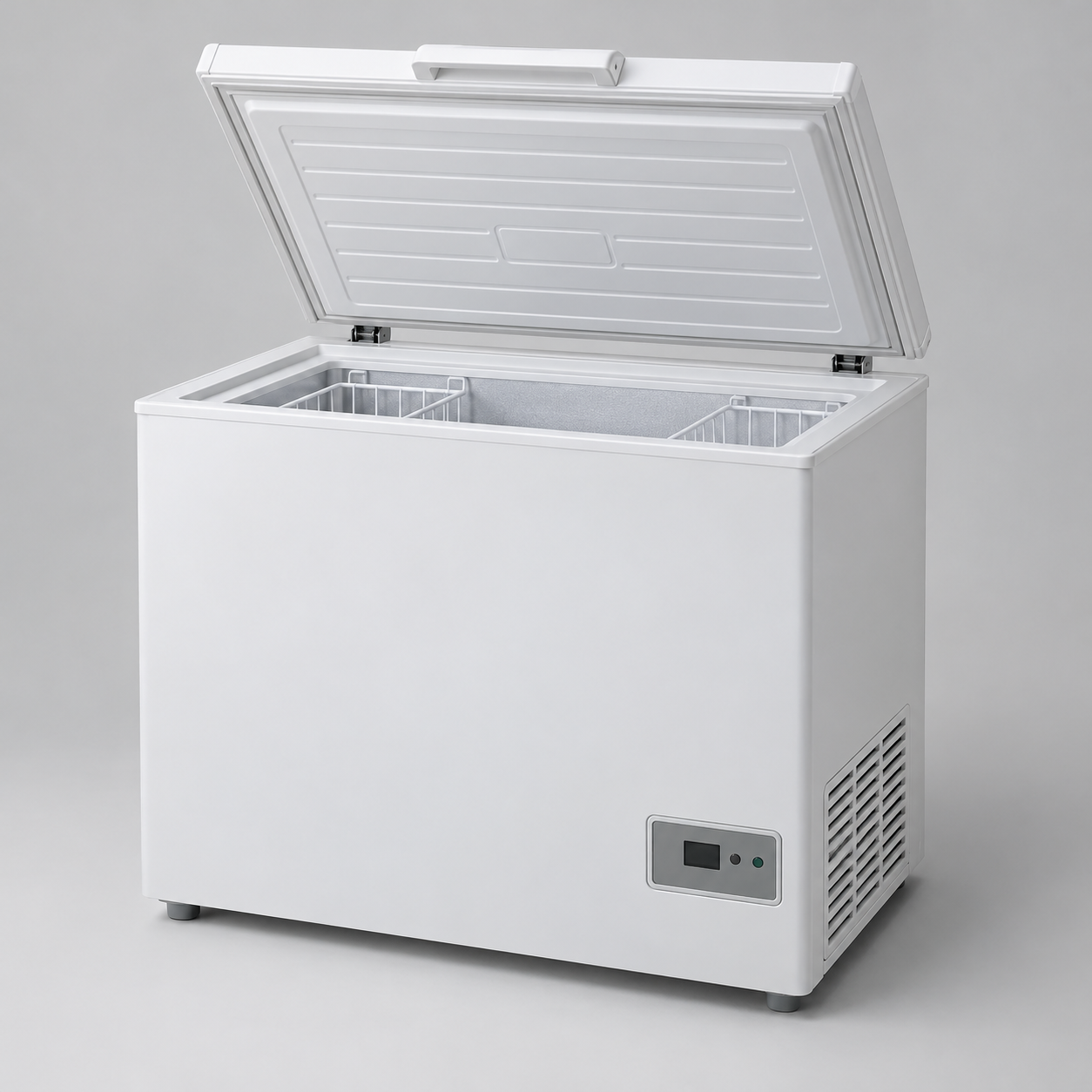 Chest-format vaccine refrigerator with insulated lid, storage baskets and a small digital controller