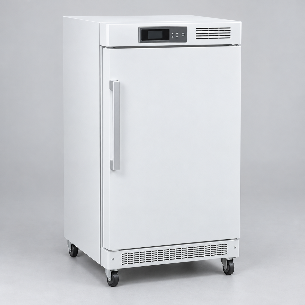 Upright medical cold-storage refrigerator with a solid door and digital control panel