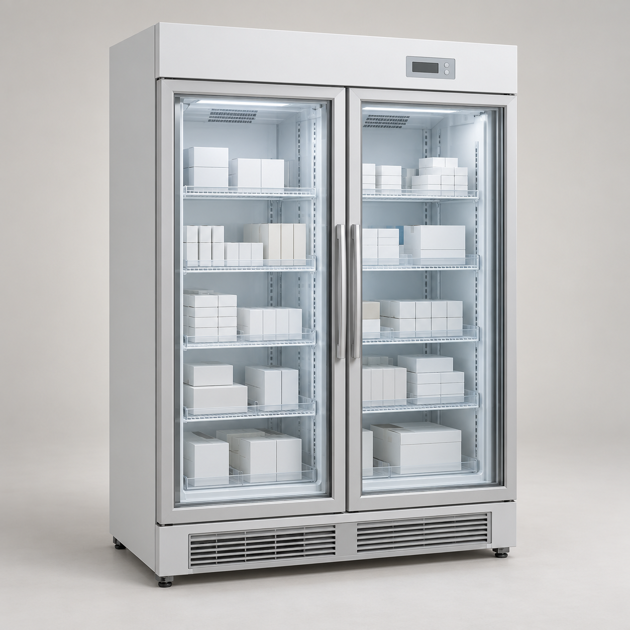 Upright pharmacy refrigerator with two glass doors and visible interior shelves