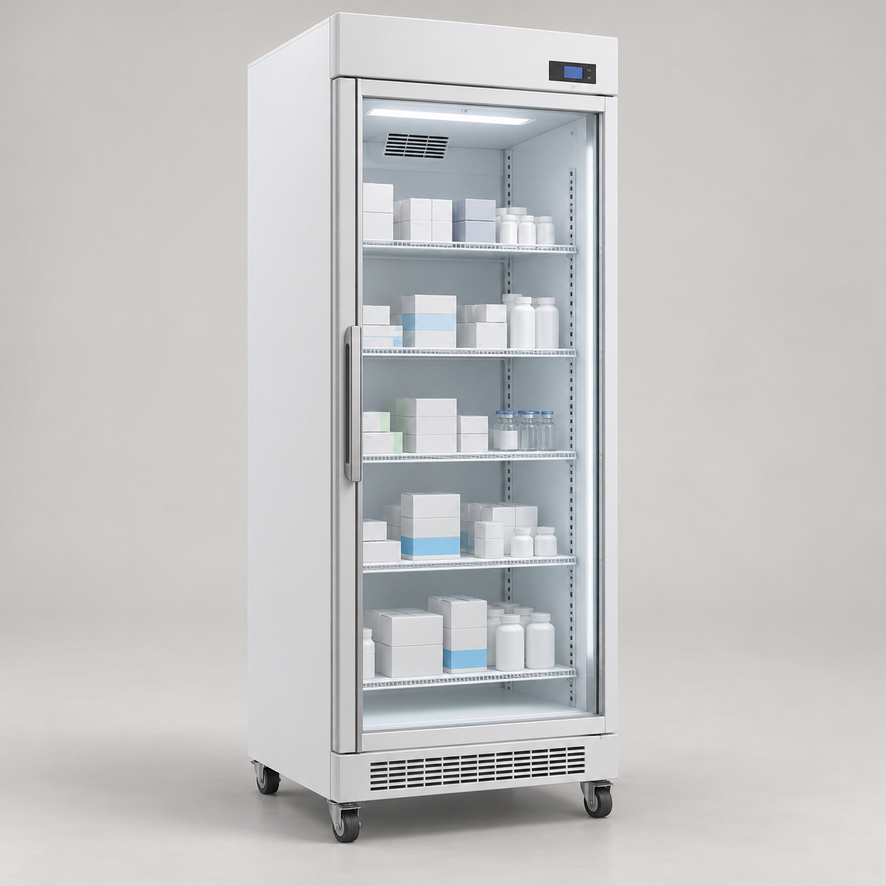 Upright pharmacy refrigerator with a single glass door and visible interior shelves