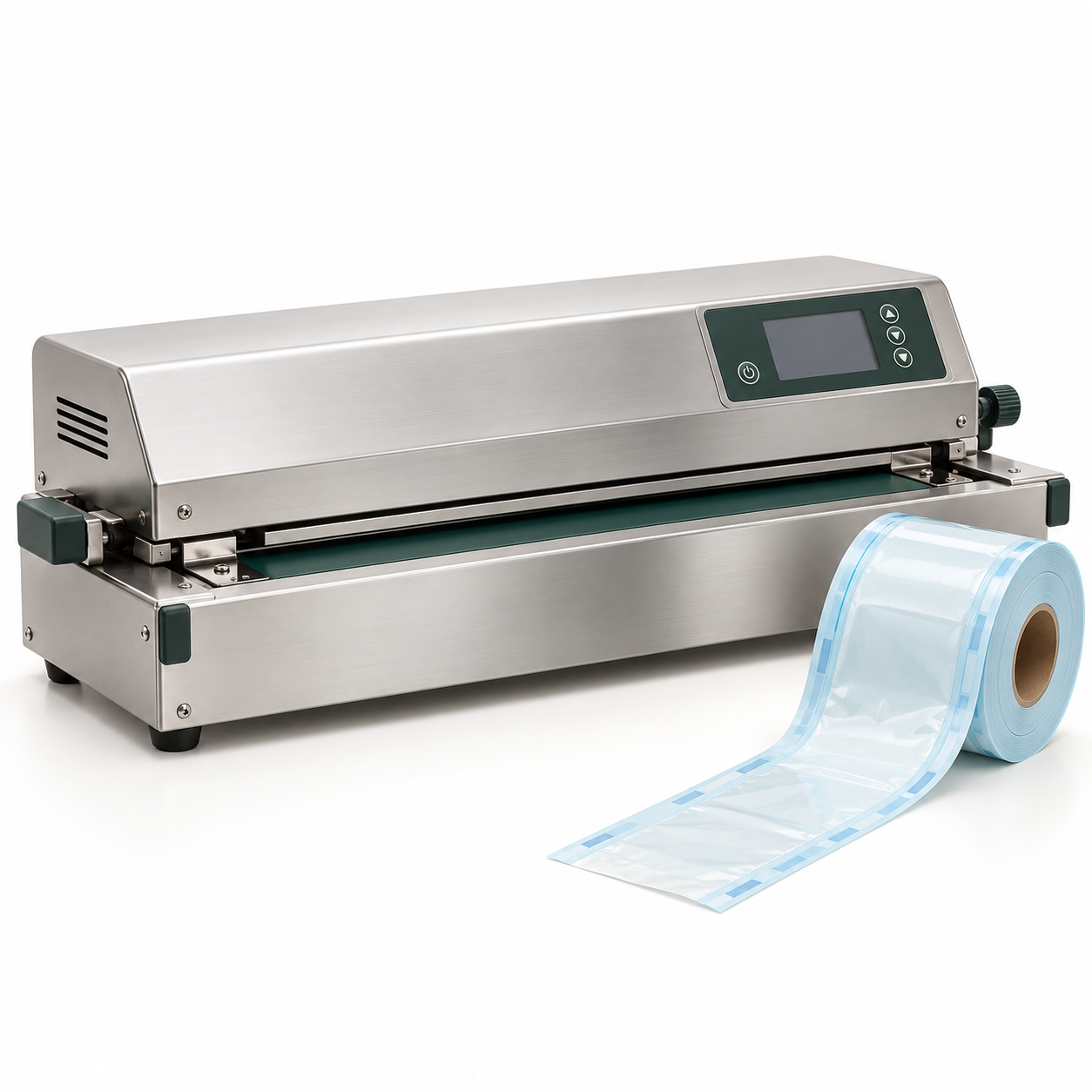 Tabletop rotary sealer for medical pouches and reels with a control panel