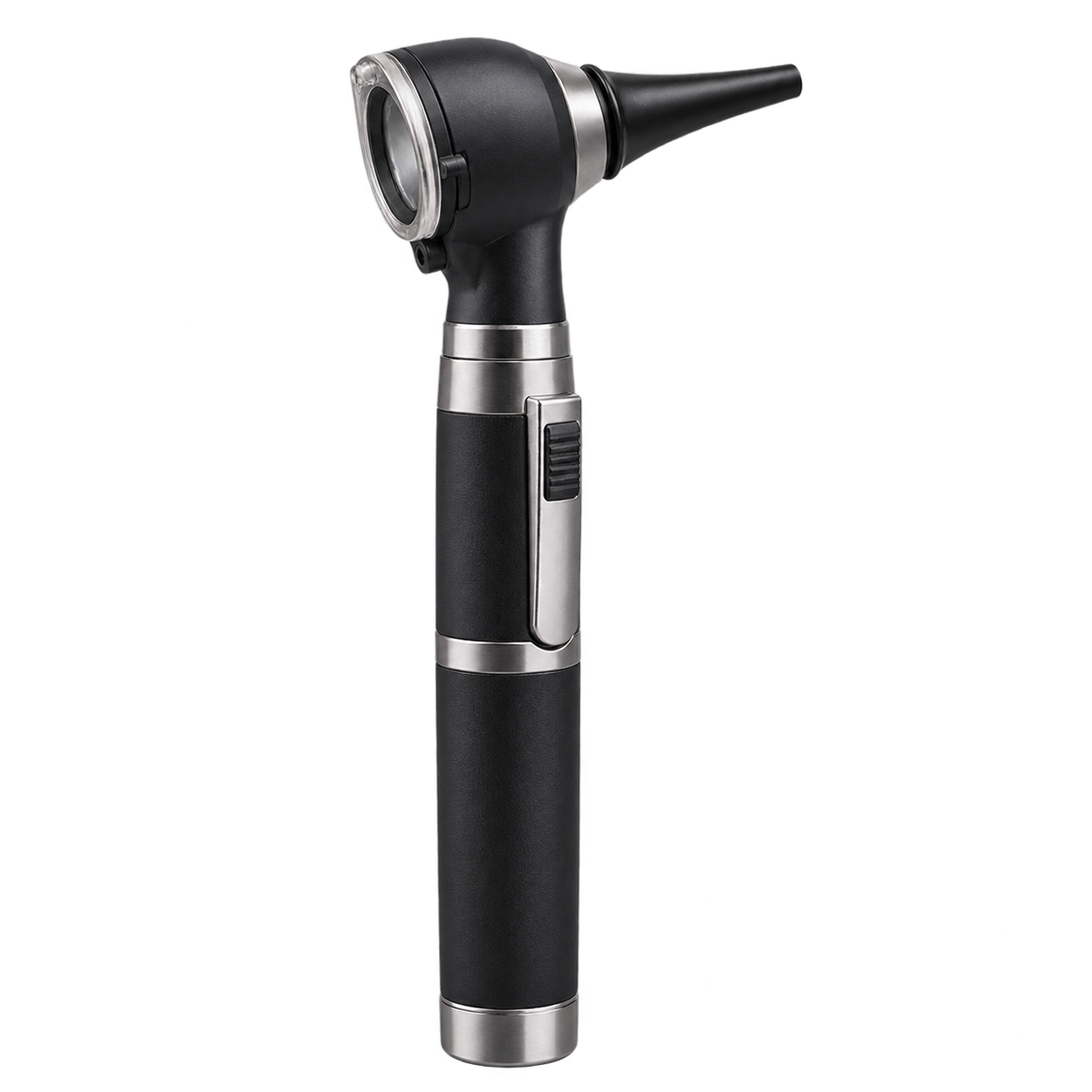 Handheld fibre-optic otoscope with optical head and ear speculum
