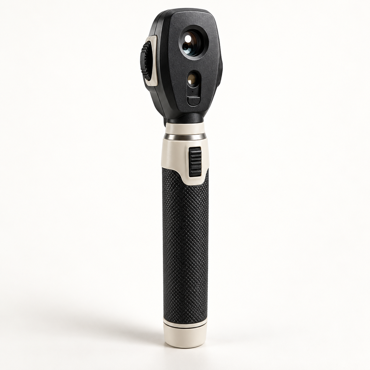 Handheld direct ophthalmoscope with optical viewing head and textured handle