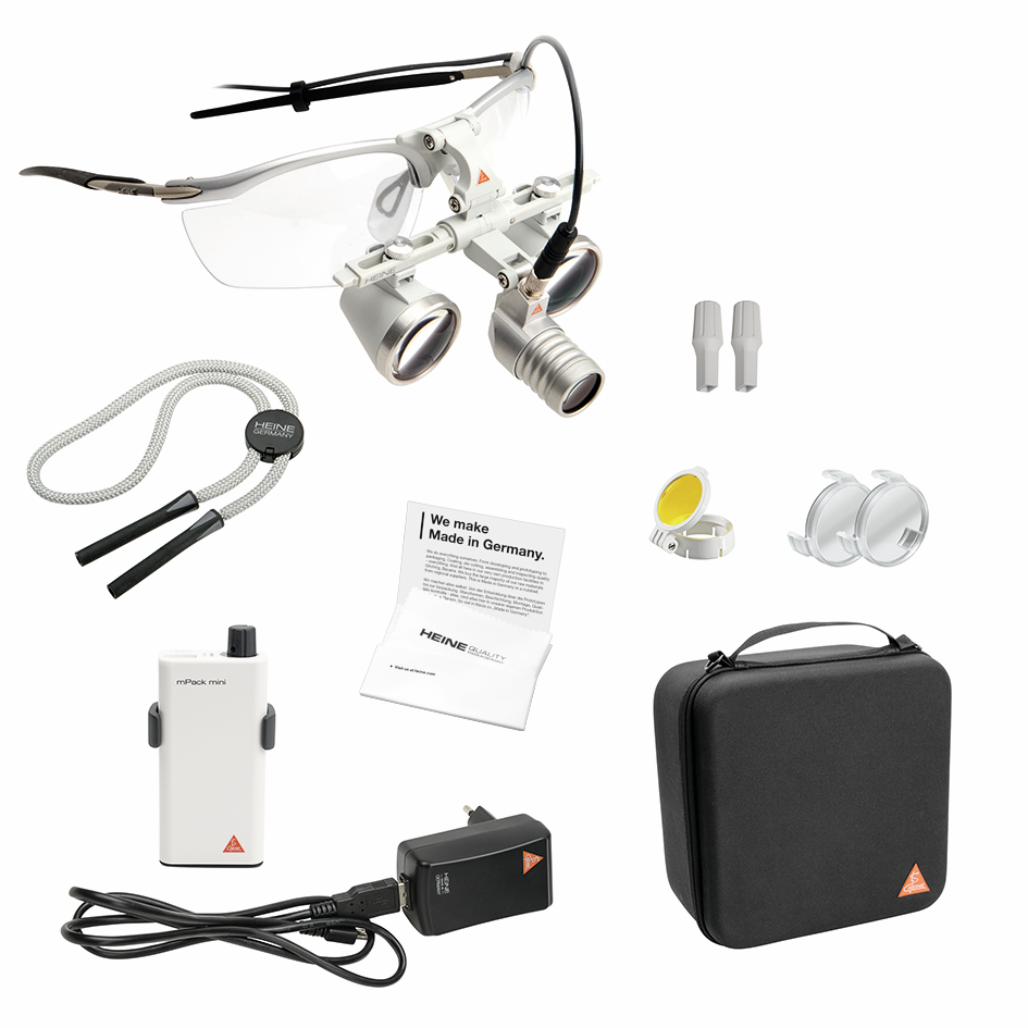 HEINE LoupeLight2 loupe and coaxial LED headlight configuration with mPack mini power source and accessories