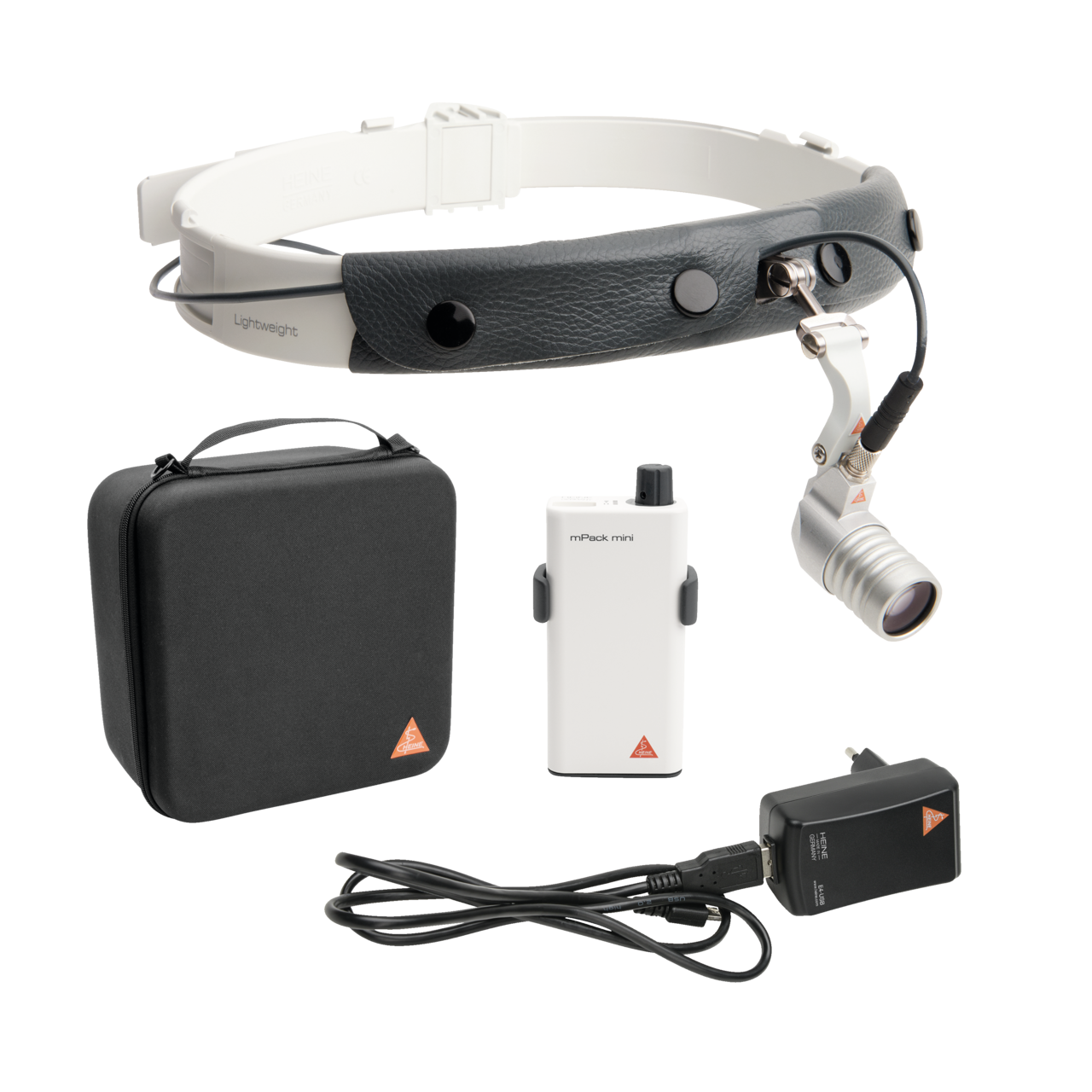 HEINE MicroLight2 LED headlight mounted on the lightweight headband with mPack mini power source and accessories