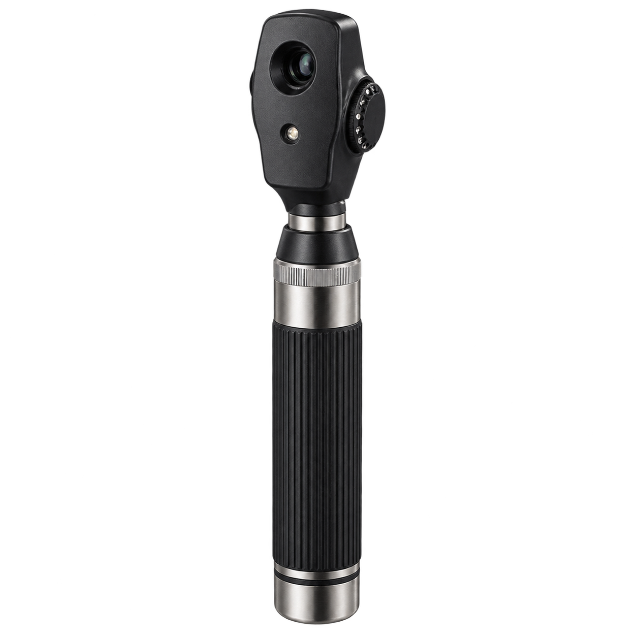 Handheld direct ophthalmoscope with optical viewing head and battery handle