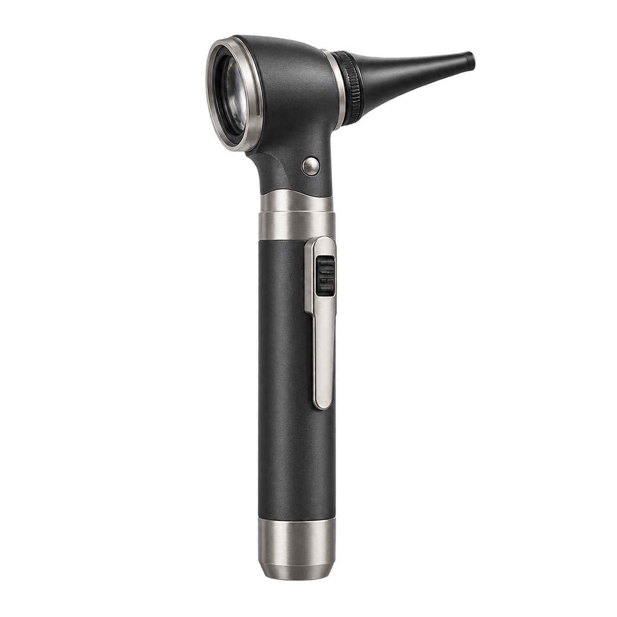 Compact pocket fibre-optic otoscope with angled optical head and ear speculum
