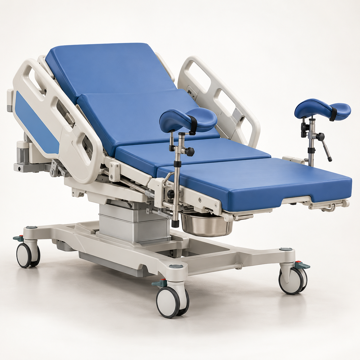 Adjustable obstetric birthing bed with segmented mattress, side rails and locking casters