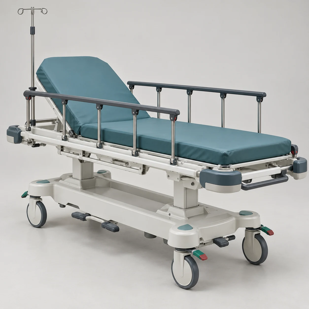 Hospital procedural stretcher with padded patient surface, side rails, IV pole and wheeled base