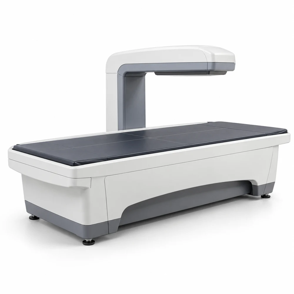 DXA bone densitometry scanner with patient table and overhead scanning assembly