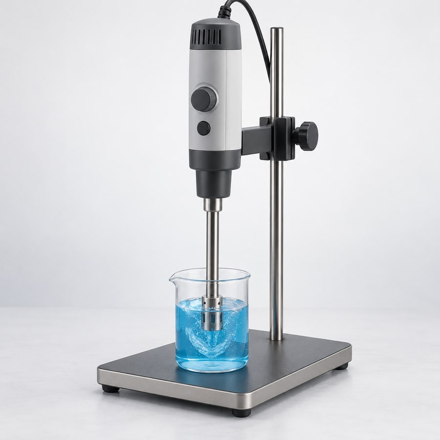 Benchtop laboratory homogenizer with stainless dispersing shaft and sample vessel
