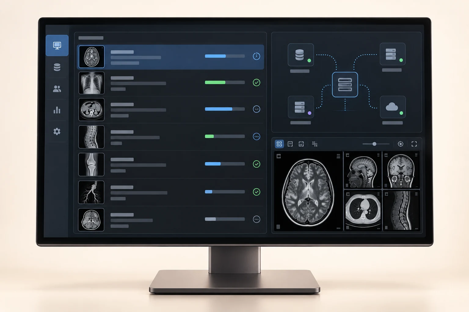 Medical imaging workflow monitor showing abstract study-transfer queues and archive connections