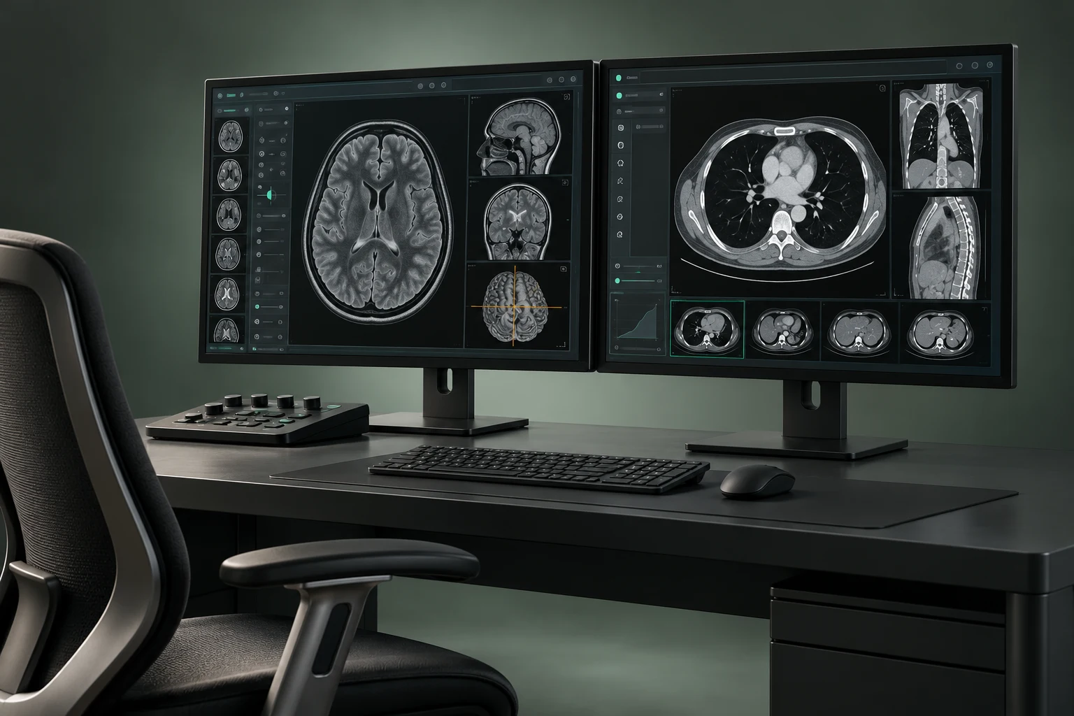 Dual-display radiology reading workstation showing generic CT and MRI image views