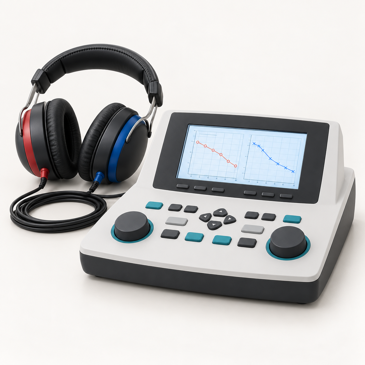 Portable diagnostic audiometer with color display, tactile controls and headphones