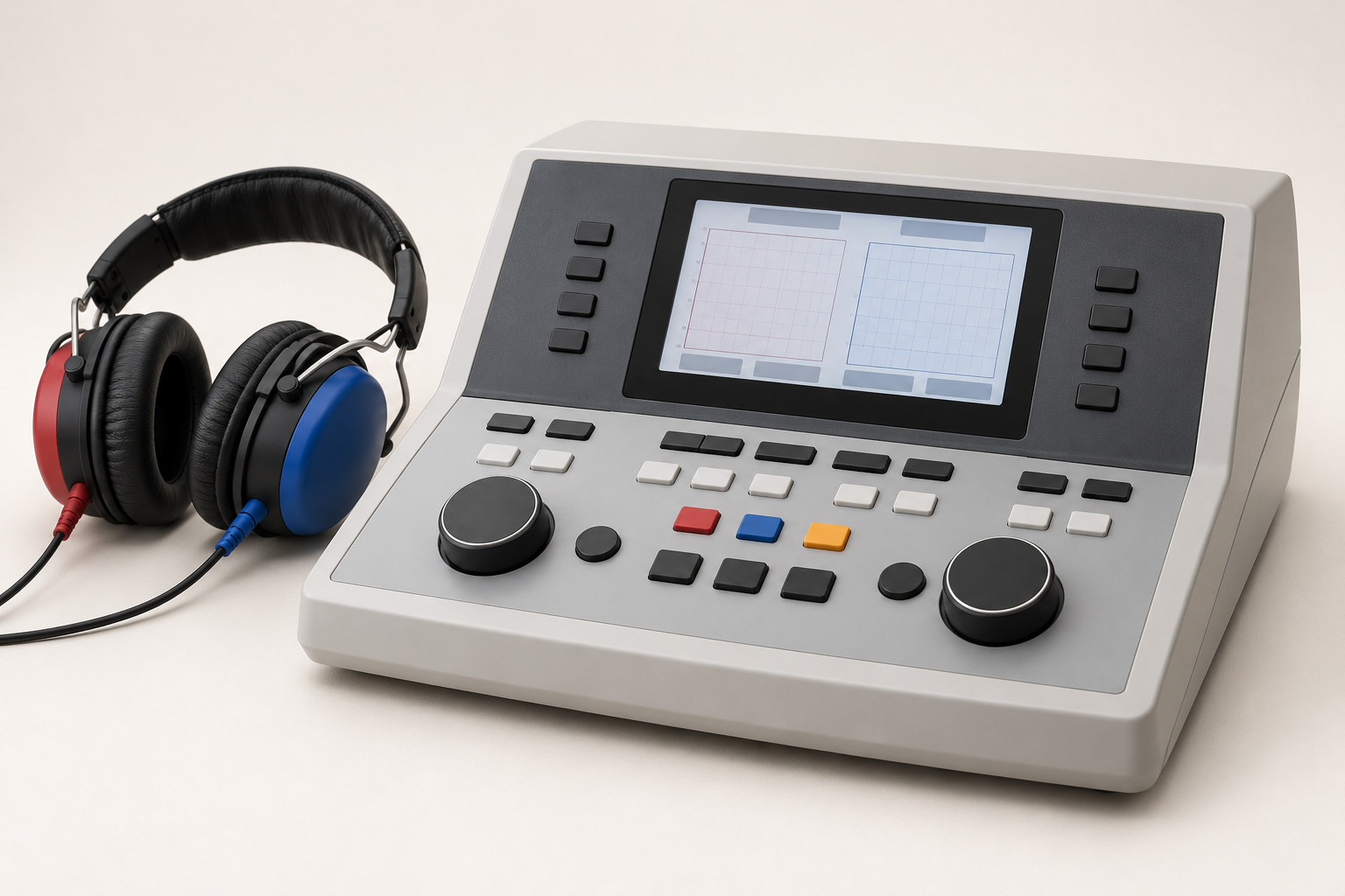 Generic tabletop diagnostic audiometer with control panel, display and audiometry headphones
