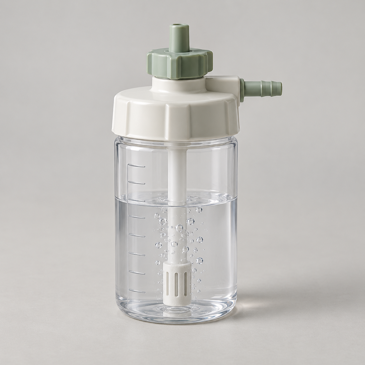 Oxygen bubble humidifier bottle with clear chamber and cap connectors