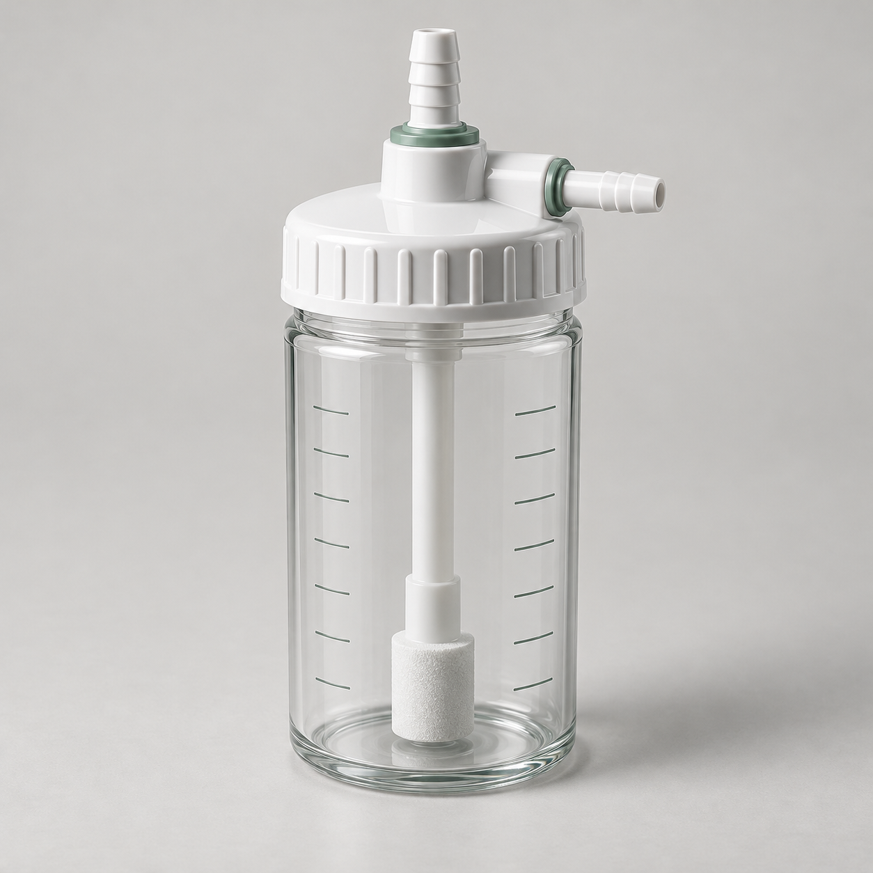 Compact oxygen bubble humidifier bottle with clear chamber and cap connectors