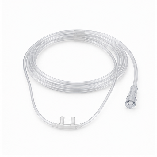 Generic unbranded nasal oxygen cannula with curved prongs and clear tubing