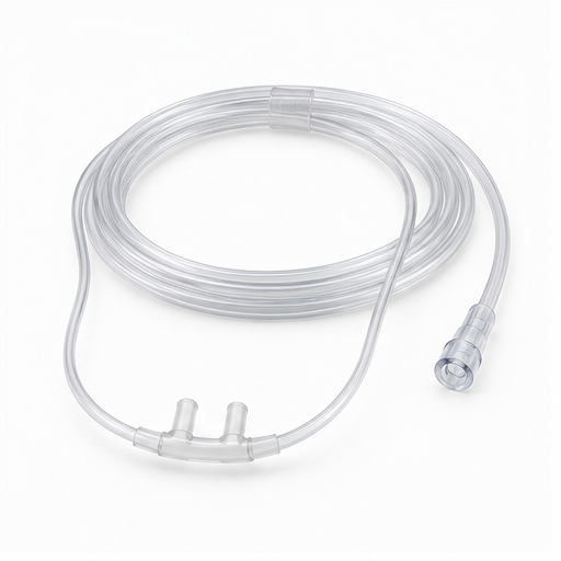 Generic unbranded adult nasal oxygen cannula with curved prongs and clear tubing