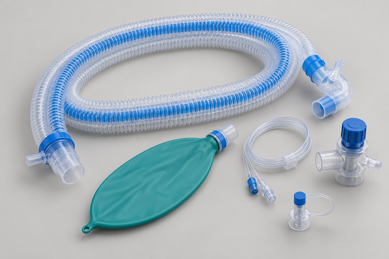 Coaxial anaesthesia breathing circuit with reservoir bag, monitoring line and connectors