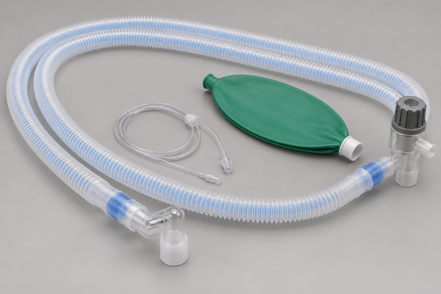 Long coaxial anaesthesia breathing circuit with reservoir bag, monitoring line and connectors