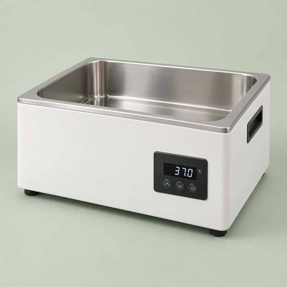 Benchtop laboratory water bath with open stainless-steel basin and front temperature controller